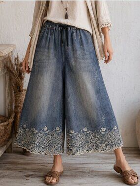LI-SWEET DREAM Lace Hem Palazzo Cropped Denim Jeans M Mori Kei Lagenlook EUC